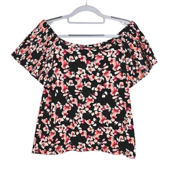 WHITE HOUSE BLACK MARKET Top Blouse Off Shoulder BLACK PINK Floral size XS Chic - Picture 1 of 5